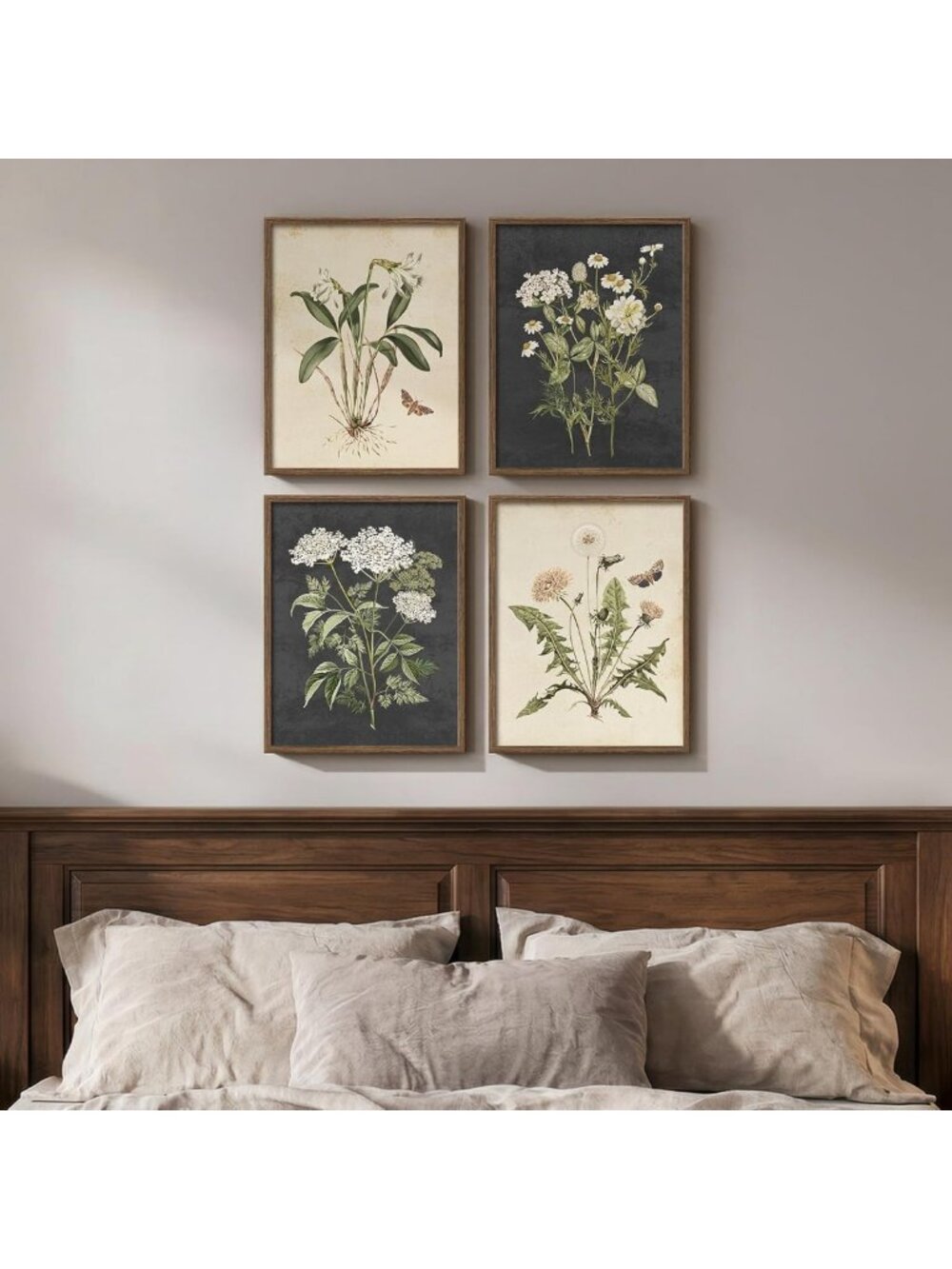 Vintage Botanical Floral Wall Art Set - 4 Framed Prints for Bedroom Decor, 11x14